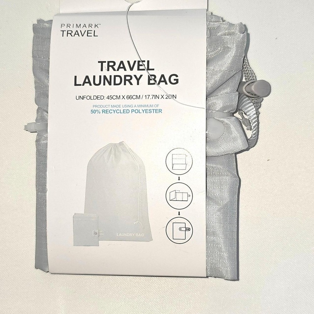 Primark Travel Laundry Bag Grey Recycled Polyester Foldable Drawstring New